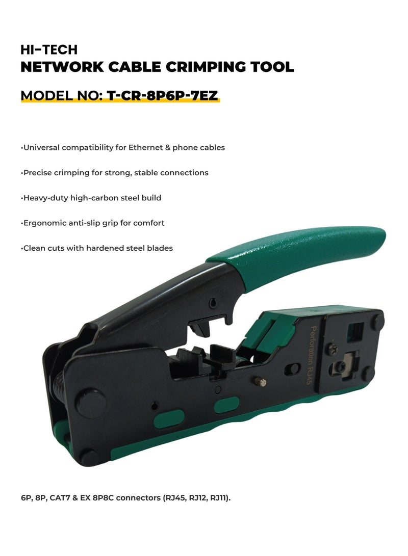 هاي-تيك أداة كبس كيابل الشبكة – تشتغل على 6P و 8P ومتوافقة مع CAT7 و EX 8P8C. مخصصة لكبس رؤوس RJ45 و RJ12 و RJ11 بشكل احترافي لأسلاك الإنترنت والتلفون. - Image 2