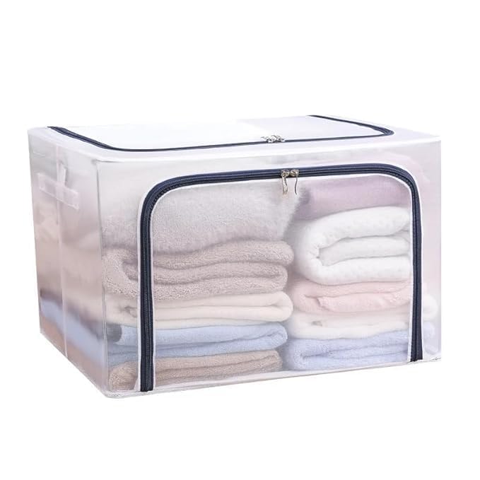 Zerolex Foldable Transparent Under bed Storage Bag for Clothes Box66 Litre Clothes Storage BagFolding Cabinet Boxes Zipper Large Capacity 66 liter Cloth Storage BagMulticolor - Image 1