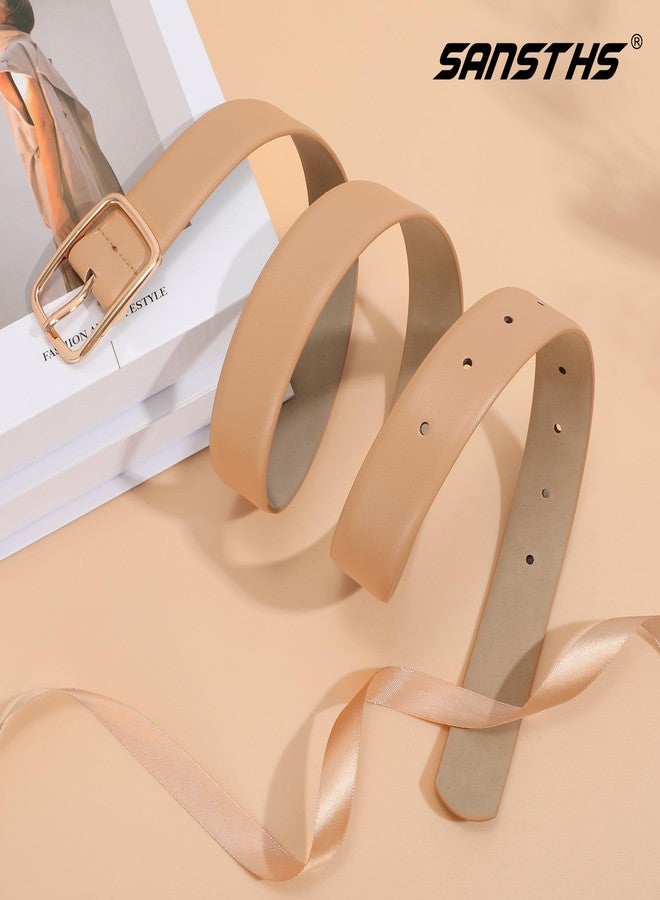 Sansths Women Leather Belts for Jeans Pants Fashion Ladies Waist Belts Simple Gold Square Buckle Belt,Khaki,S - Image 3