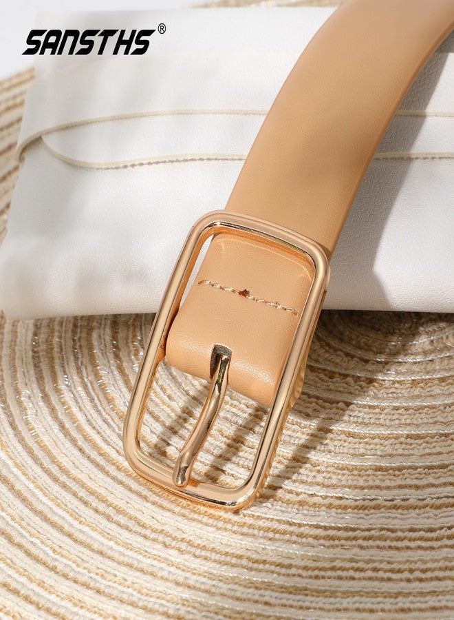 Sansths Women Leather Belts for Jeans Pants Fashion Ladies Waist Belts Simple Gold Square Buckle Belt,Khaki,S - Image 5