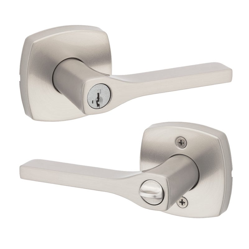 Kwikset Tripoli Lever Entry Door Handle with Lock and Key Secure Keyed Reversible Lever Exterior For Front Entrance and Bedrooms Satin Nickel Pick Resistant Smartkey Rekey Security and Microban