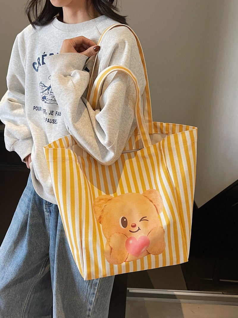 Butter Bear Striped Canvas Shoulder Bag Women'S Large Capacity Commuter Shoulder Tote Bag Fashion Travel Bag - Image 3