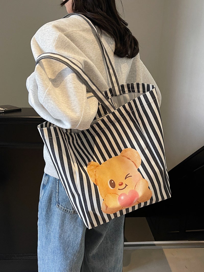 Butter Bear Striped Canvas Shoulder Bag Women'S Large Capacity Commuter Shoulder Tote Bag Fashion Travel Bag - Image 4