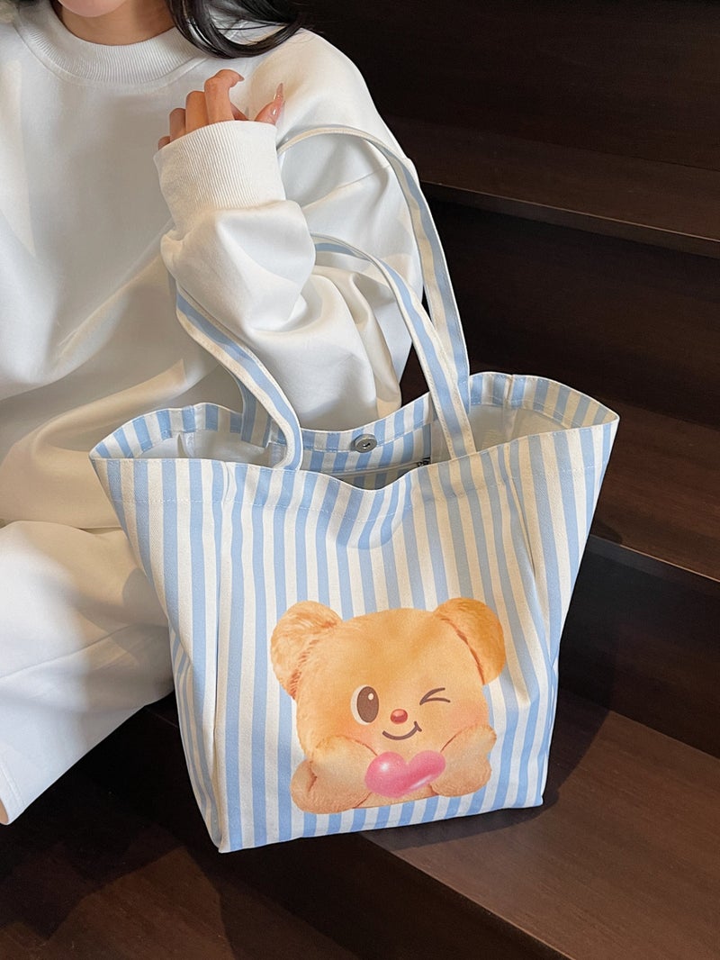 Butter Bear Striped Canvas Shoulder Bag Women'S Large Capacity Commuter Shoulder Tote Bag Fashion Travel Bag - Image 2