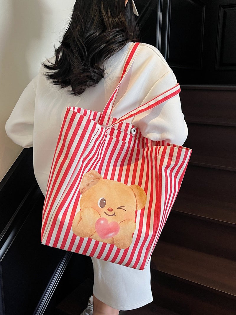 Butter Bear Striped Canvas Shoulder Bag Women'S Large Capacity Commuter Shoulder Tote Bag Fashion Travel Bag - Image 5