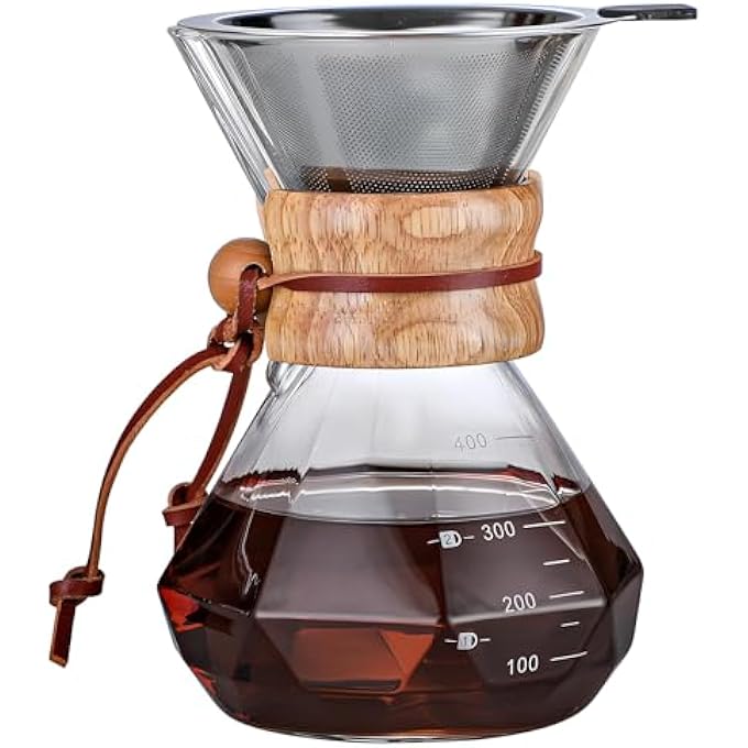 كاست ويف ماكينة تحضير القهوة مع فلتر تنقيط قابل لإعادة الاستخدام من الفولاذ المقاوم للصدأ، إبريق قهوة زجاجي بوروسيليكات خالٍ من الرصاص مع طوق خشبي عصري لـ 12 كوبًا دائريًا شفافًا 400 مل 135 أونصة - Image 1