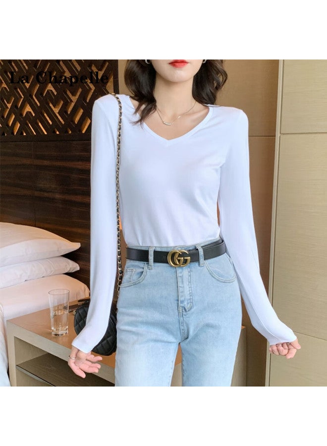 La Chapelle Premium Cotton V-neck Slim Fit New Large Collar Versatile Long Sleeve T-shirt Women Base Shirt White XL - Image 4
