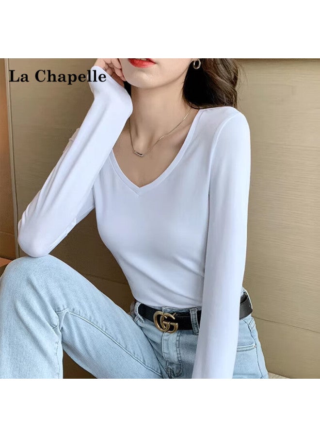 La Chapelle Premium Cotton V-neck Slim Fit New Large Collar Versatile Long Sleeve T-shirt Women Base Shirt White XL - Image 3