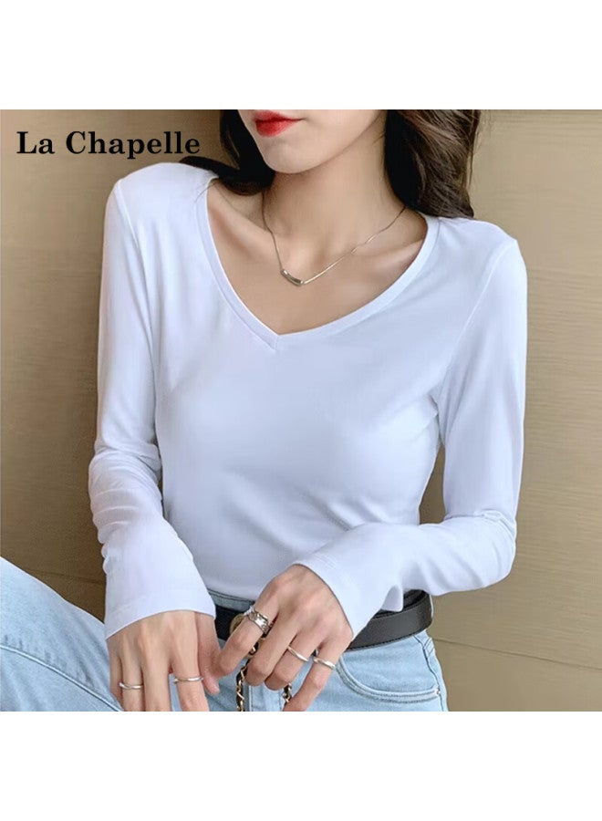 La Chapelle Premium Cotton V-neck Slim Fit New Large Collar Versatile Long Sleeve T-shirt Women Base Shirt White XL - Image 1