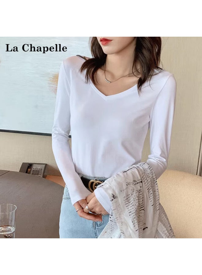 La Chapelle Premium Cotton V-neck Slim Fit New Large Collar Versatile Long Sleeve T-shirt Women Base Shirt White XL - Image 2