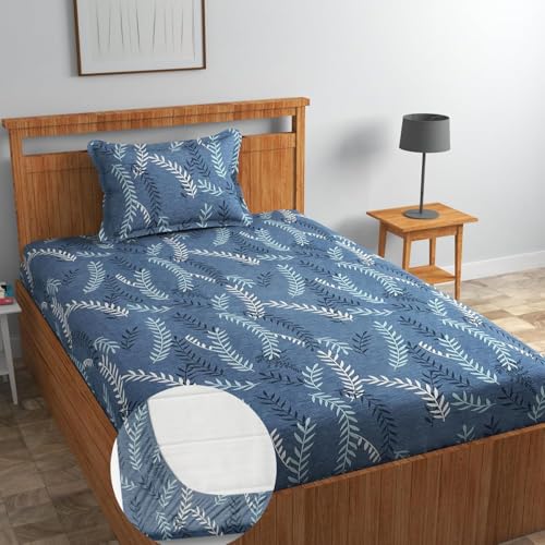 Blue Strip 220TC Glace Cotton Elastic Fitted Floral Bedsheets Single Bed with 1 Pillow Cover | Single Bed with All Around Elastic, Size 42 X 75 Inches (Blue New), Small_Single - Image 1