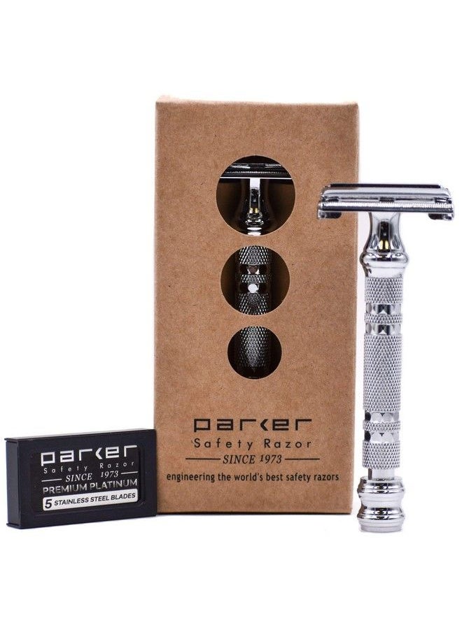Parker Safety Razor Parker 66R High Lustre Chrome Long Handle Heavyweight Butterfly Open Double Edge Safety Razor For Men 5 Parker Premium Platinum Double Edge Razor Blades Included  - Image 1