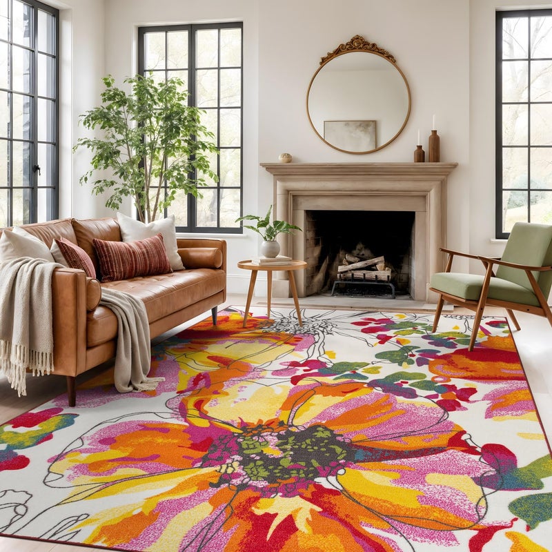 Rugshop Modern Bright Flowers Non-Slip (Non-Skid) Area Rug 8 x 10 (7' 10" x 10') Multi - Image 1