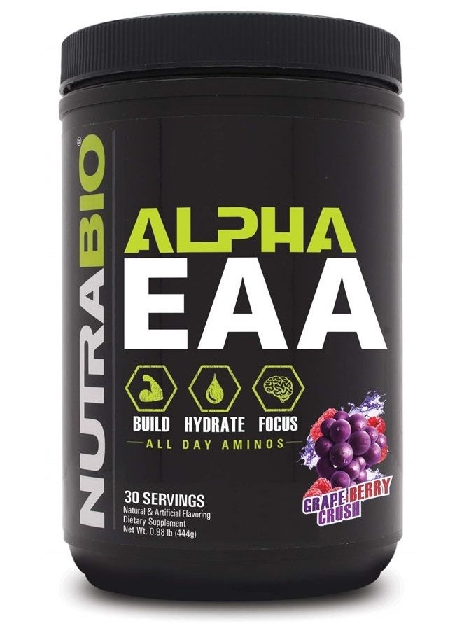 NutraBio Alpha EAA - All-Day Aminos - Recovery, Energy, Focus, and Hydration Supplement - Full Spectrum EAA BCAA Matrix, Electrolytes, Nootropics, Coconut Water - 30 Servings - Grape Berry Crush  - Image 1