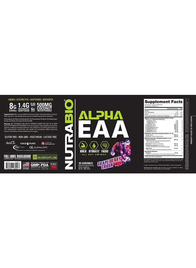 NutraBio Alpha EAA - All-Day Aminos - Recovery, Energy, Focus, and Hydration Supplement - Full Spectrum EAA BCAA Matrix, Electrolytes, Nootropics, Coconut Water - 30 Servings - Grape Berry Crush  - Image 3
