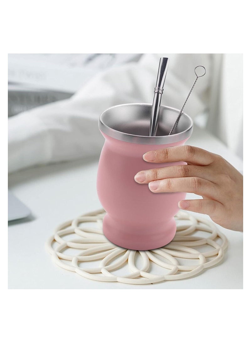 KASTWAVE Yerba Mate Tea Cup 230ml Pink Color Stainless Steel Double Walled Easy Wash Household Insulation Cup for Yerba Mate Loose Leaf Drinking with Bombilla Straw  - Image 1