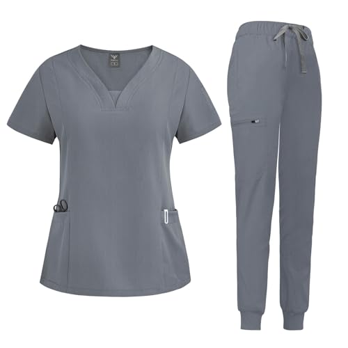 niaahinn Scrub Suit Set for Women Modern V-neck Top & Tapered Leg Jogger Pants with Drawstring Medical Nursing Uniforms Set (Gray, S) - Image 1