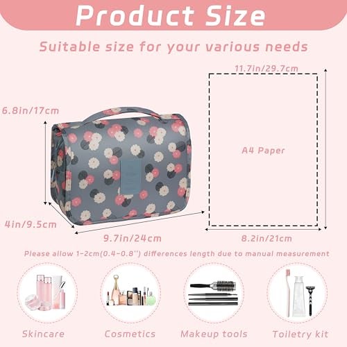 YEMEDA Toiletry Bag Travel Bag with Hanging Hook, Waterproof Capacity Hanging Multifunctional Makeup Bag for Toiletries, Portable Cosmetic Bag Travel Organizer for Women and Men(Blue Flower) - Image 2