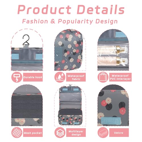 YEMEDA Toiletry Bag Travel Bag with Hanging Hook, Waterproof Capacity Hanging Multifunctional Makeup Bag for Toiletries, Portable Cosmetic Bag Travel Organizer for Women and Men(Blue Flower) - Image 3