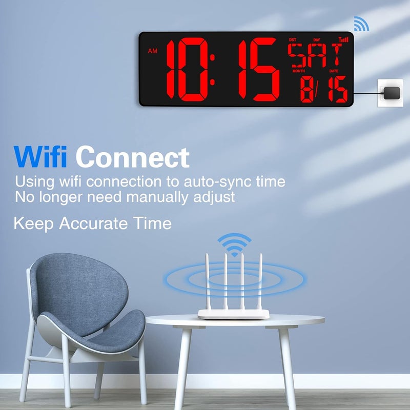 XREXS Large Digital Wall Clock WiFi Sync, 16.5 in Large Display Wall Clock with Temperature/Date/Week, LED Big Digital Timer Clock with Remote Control, Alarm Clock for Home and Office, Auto-dimming - Image 2