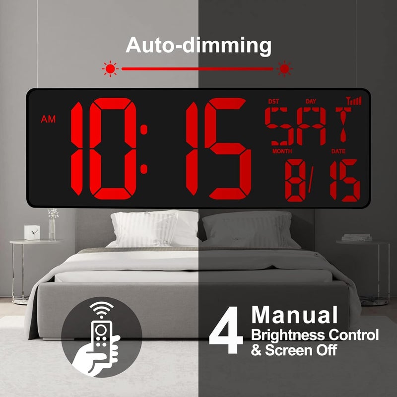 XREXS Large Digital Wall Clock WiFi Sync, 16.5 in Large Display Wall Clock with Temperature/Date/Week, LED Big Digital Timer Clock with Remote Control, Alarm Clock for Home and Office, Auto-dimming - Image 4