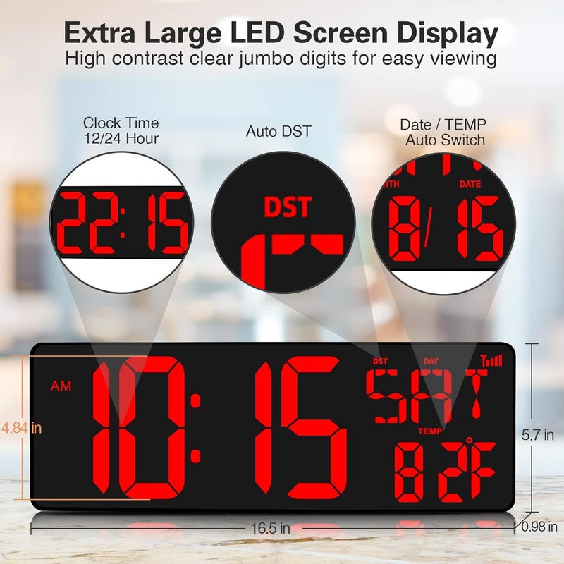 XREXS Large Digital Wall Clock WiFi Sync, 16.5 in Large Display Wall Clock with Temperature/Date/Week, LED Big Digital Timer Clock with Remote Control, Alarm Clock for Home and Office, Auto-dimming - Image 3