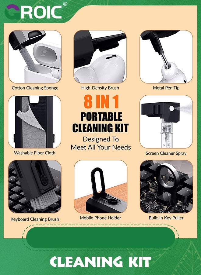 GROIC Black Multifunctional 8-in-1 Cleaning Kit with 3-in-1 Pen, Screen Cleaner Spray, Brush for Keyboard, Mobile Holder| Gadgets, Earbuds, Mobile, Tablet, Laptop, Computer - Image 2
