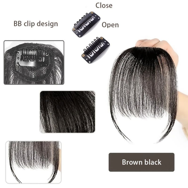 Dark Brown Synthetic Fringe Bangs Hair Clip with Sideburns Heat Resistant Hairpiece for Women 10 Inch - Image 2