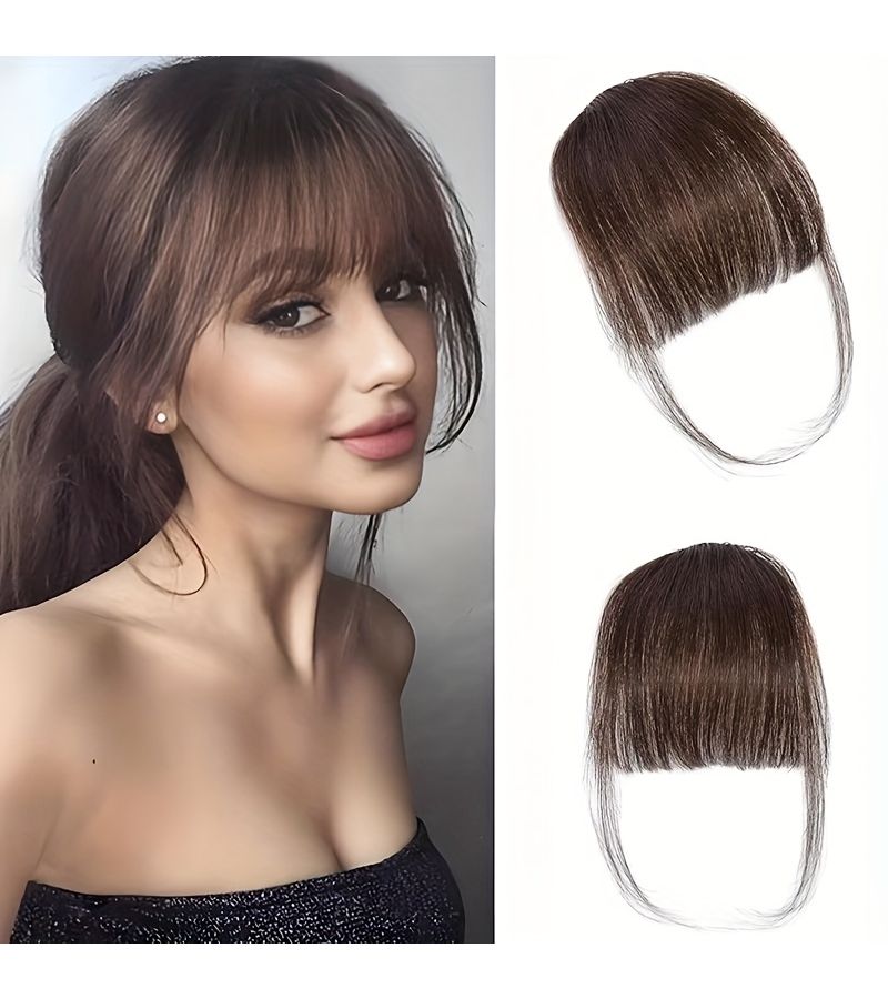 Dark Brown Synthetic Fringe Bangs Hair Clip with Sideburns Heat Resistant Hairpiece for Women 10 Inch - Image 1
