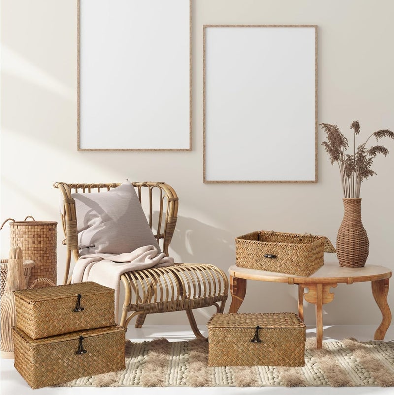 Woanger Set of 4 Seagrass Basket with Lids Woven Rattan Wicker Storage Basket Decorative Storage Boxes Rectangular Baskets for Decoration, Picnic, Groceries and clothes Storage(Orange) - Image 5