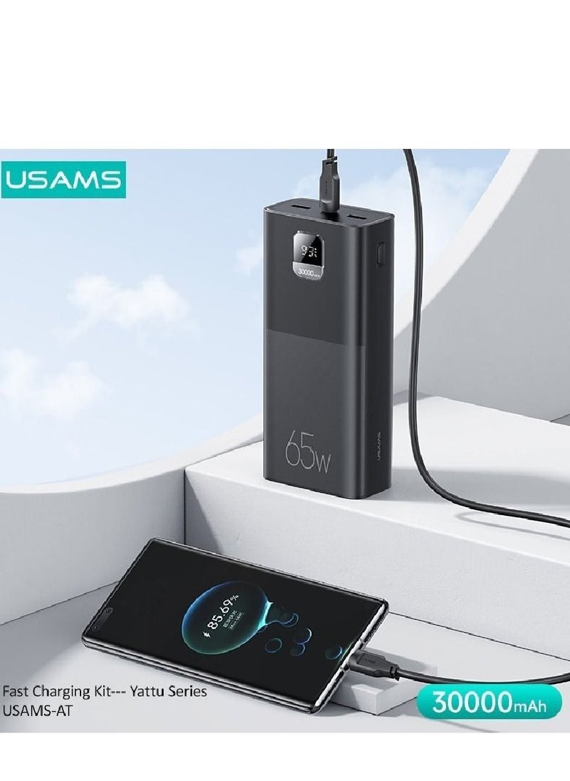 Usams - 65W LED Display 30000mAh Power Bank High Capacity QC3.0+PD 65W Fast Charging Power Bank Power Station Compatible With Phones, Laptop, Tablet Fast Charging Power Bank 30000mAH With USB C To USB C Cable - Image 1