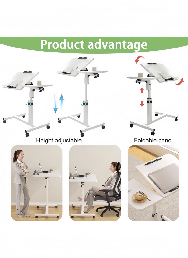 GGEROU - Adjustable Home Office Desk Portable Study Computer Rolling Desk for Small Spaces Movable Sofa Side Bed Table on Wheels Student Small Standing Laptop Desk White - Image 1