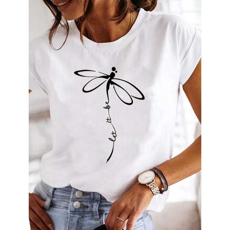 Short Sleeve Round Neck Number Printed T-Shirt Insect Women'S Butterfly Harajuku Clothing Explosion Black Women'S Dragonfly T-Shirt - Image 2