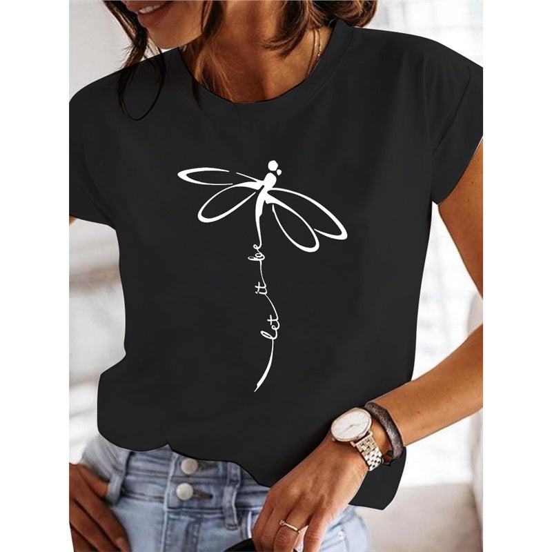 Short Sleeve Round Neck Number Printed T-Shirt Insect Women'S Butterfly Harajuku Clothing Explosion Black Women'S Dragonfly T-Shirt - Image 1