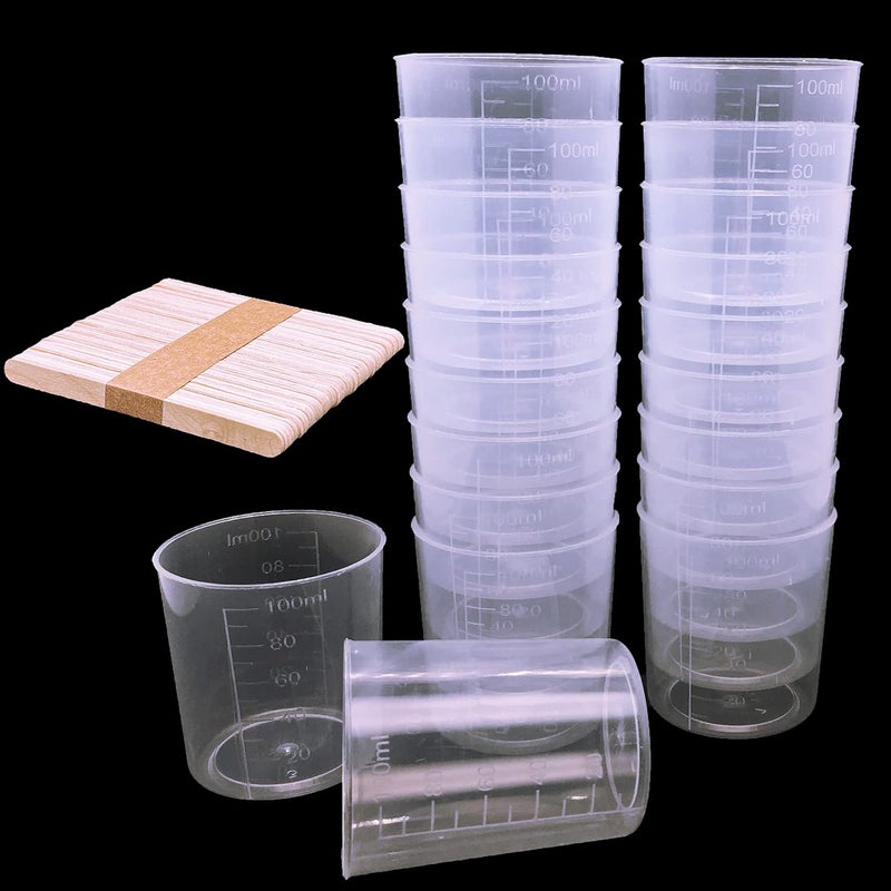 24 Pcs Clear Scale Cups 100ml34oz Plastic Graduated Cups with 50 Pcs Wooden Stirring Sticks for Epoxy Resin Stain Mixing Paint