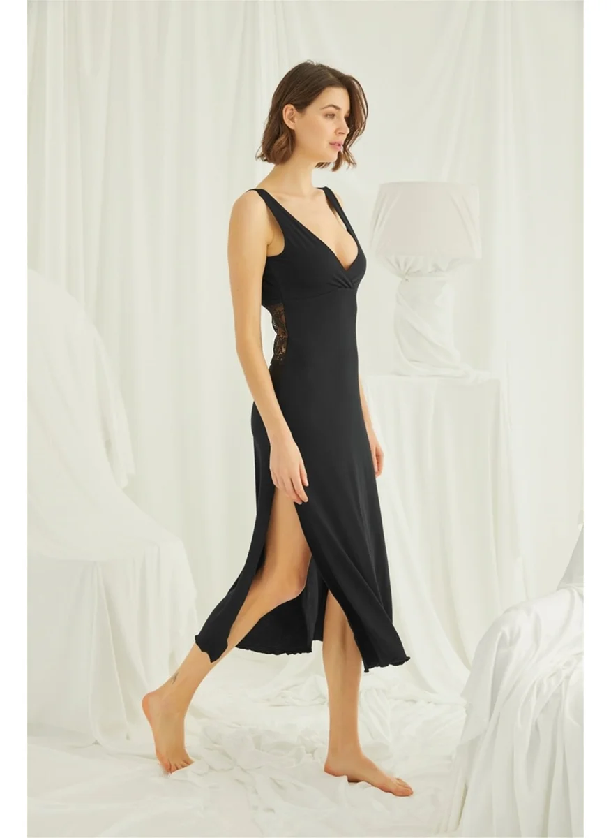 Monamise 18461 Women's Black Chest and Back Low-Cut Lace Slit Nightgown