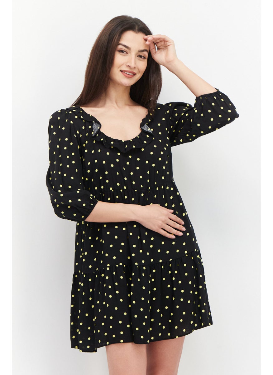 NEW LOOK Women U Neck Polka Dots Print Mini Dress, Black  - Image 1