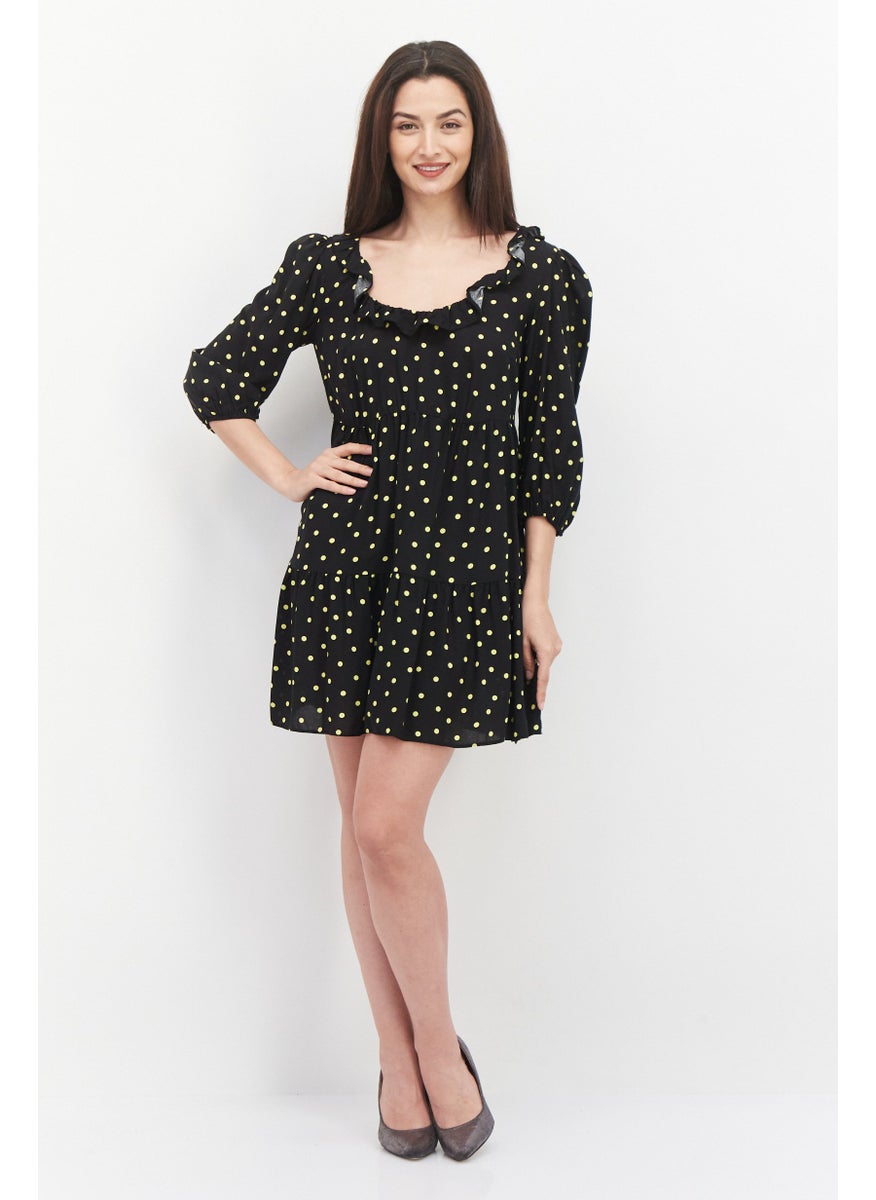NEW LOOK Women U Neck Polka Dots Print Mini Dress, Black  - Image 3