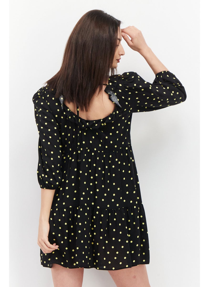 NEW LOOK Women U Neck Polka Dots Print Mini Dress, Black  - Image 2