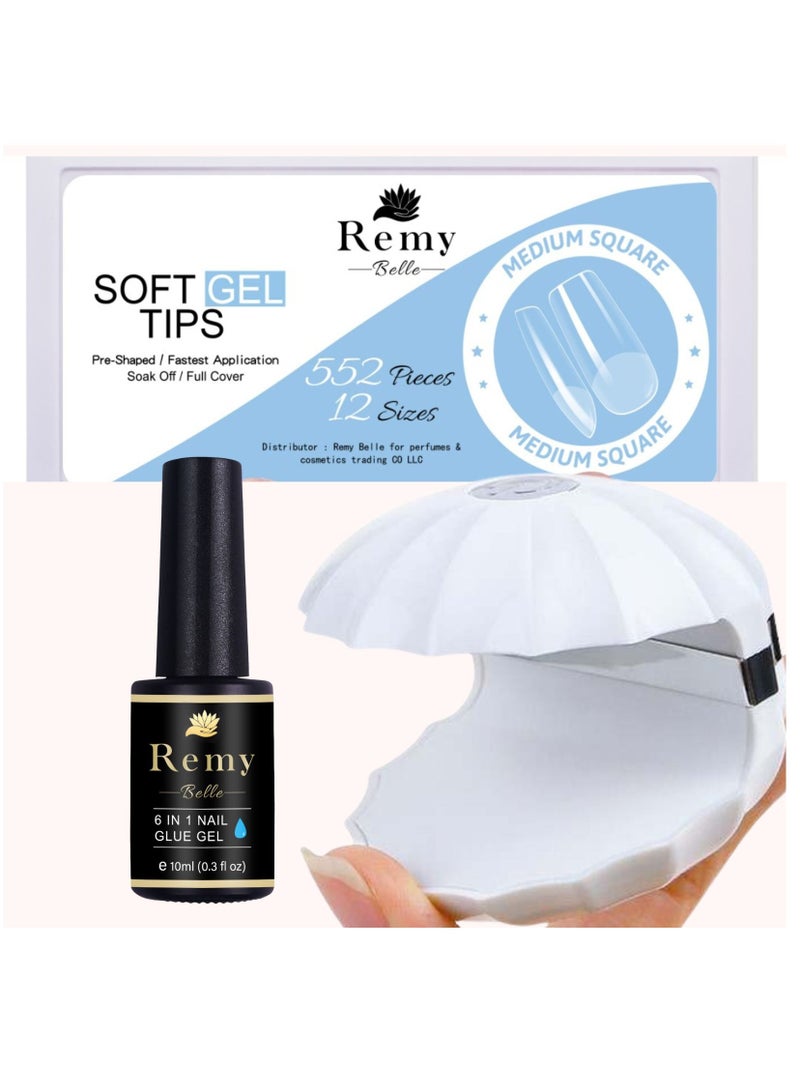 Remy Belle Soft Gel Nail Tip and Glue Gel Kit with Portable UV Light 552PCS 12 Sizes Medium Square (Set 2) - Image 1
