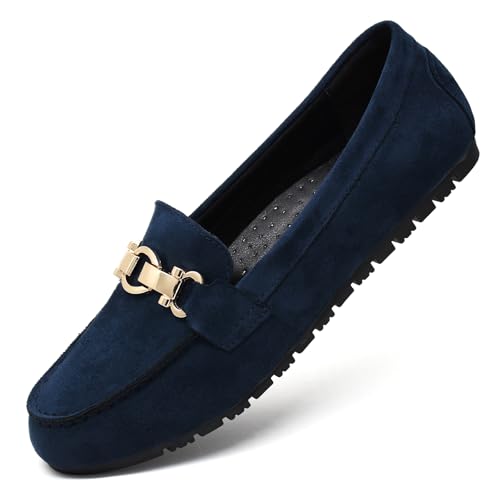 Cvistpieo Loafers for Women Casual Moccasins Women's Comfortable & Lightweight Penny Loafers Slip On Flat Shoes Suede Navy Blue Size 8