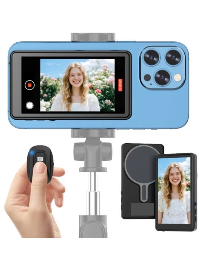 شاشة مراقبة الصور الذاتية للفيديو على iPhone، تسجيل بدقة 4K بسرعة 60 فدس، انعكاس شاشة لاسلكي مع جهاز تحكم عن بُعد، تثبيت مغناطيسي، دوران 180 درجة، ثلاث مستويات للسطوع، متوافق مع iPhone وAndroid - Image 1