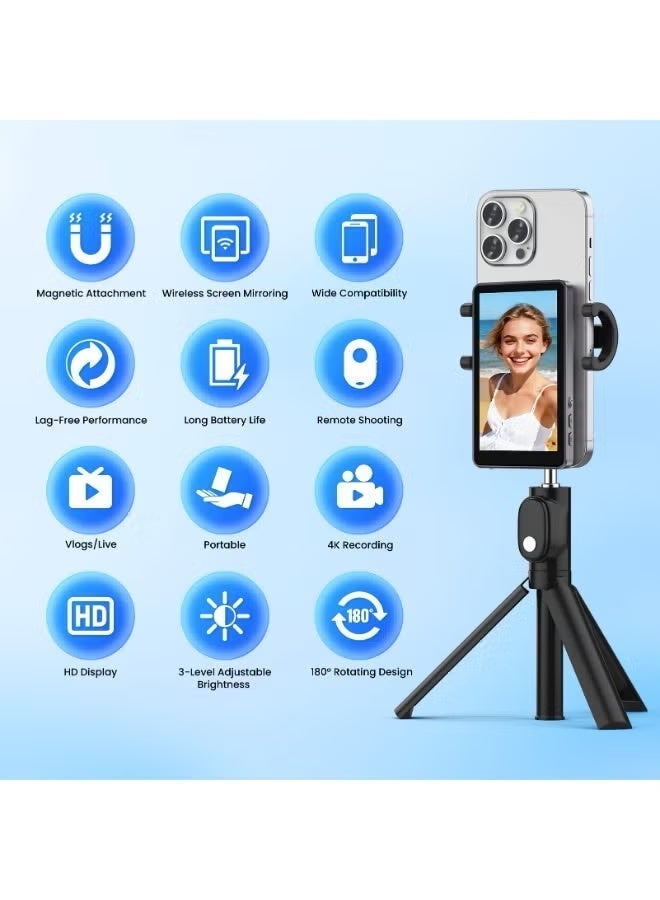 شاشة مراقبة الصور الذاتية للفيديو على iPhone، تسجيل بدقة 4K بسرعة 60 فدس، انعكاس شاشة لاسلكي مع جهاز تحكم عن بُعد، تثبيت مغناطيسي، دوران 180 درجة، ثلاث مستويات للسطوع، متوافق مع iPhone وAndroid - Image 2