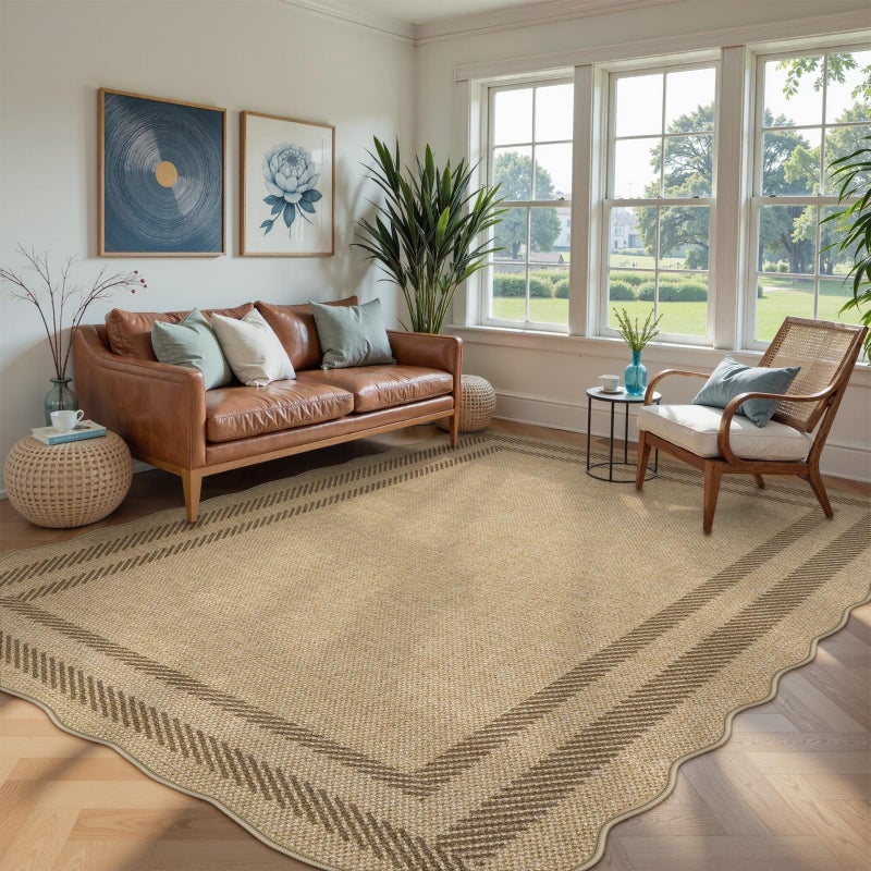 LIVEBOX Scalloped Washable 8x10 Rug, Easy Jute Tan Rug for Living Room, Indoor Outdoor Patio Non Slip Rugs for Bedroom, Geometric Farmhouse Dining Room Mat Modern Carpet Area Rug for Home Office Decor - Image 1