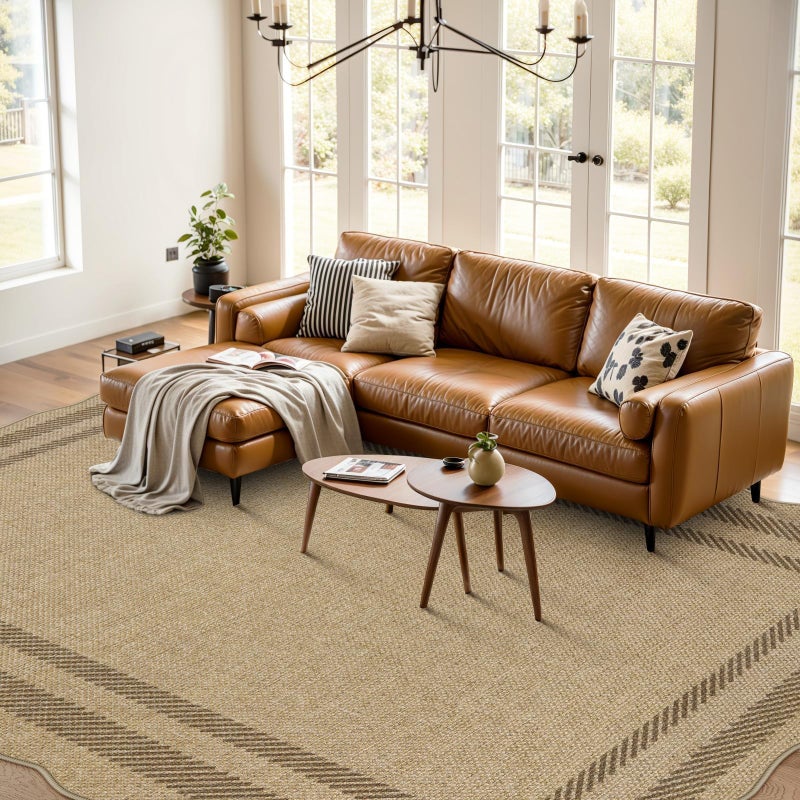 LIVEBOX Scalloped Washable 8x10 Rug, Easy Jute Tan Rug for Living Room, Indoor Outdoor Patio Non Slip Rugs for Bedroom, Geometric Farmhouse Dining Room Mat Modern Carpet Area Rug for Home Office Decor - Image 3