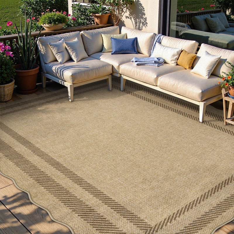 LIVEBOX Scalloped Washable 8x10 Rug, Easy Jute Tan Rug for Living Room, Indoor Outdoor Patio Non Slip Rugs for Bedroom, Geometric Farmhouse Dining Room Mat Modern Carpet Area Rug for Home Office Decor - Image 2