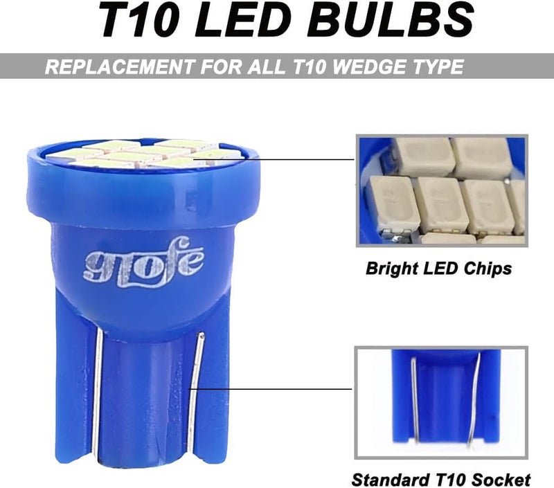 GLOFE Blue T10 194 168 LED Dashboard Lights Bulbs with Twist Lock Socket - 10Pcs Set - Image 2
