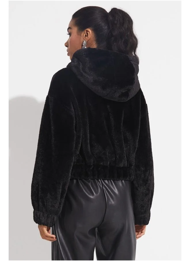 JUNE June Elastic Waist Hooded Coat Black