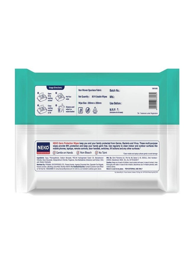 Neko Germ Protection Wipes 80S Lid Pack | Disinfectant Wipes | Skin Friendly | 99% Protection | Use On Skin & Multiple Surfaces At Home, Office, In Car And Out Of Home| Contains Bkc | Aloe Vera Enriched | Large Sized Wipes 200Mm X 200Mm | Pack Of 2 - Image 2