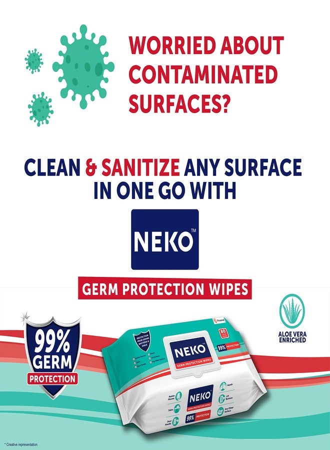 Neko Germ Protection Wipes 80S Lid Pack | Disinfectant Wipes | Skin Friendly | 99% Protection | Use On Skin & Multiple Surfaces At Home, Office, In Car And Out Of Home| Contains Bkc | Aloe Vera Enriched | Large Sized Wipes 200Mm X 200Mm | Pack Of 2 - Image 3